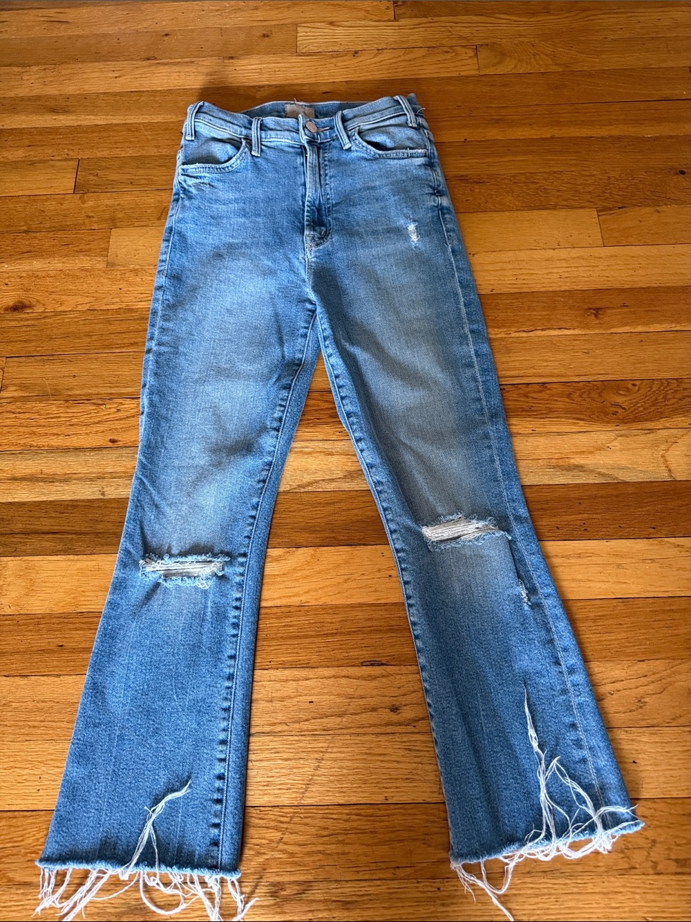 MOTHER The Hustler Ankle Fray Distressed Frayed Hem Flare Jeans - Light Blue